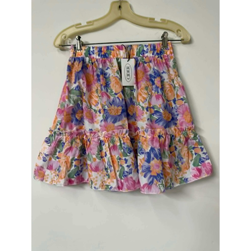 New Cider M Floral Mini Skirt Orange Pink Tiered Ruffle Elastic Waist CD20211213